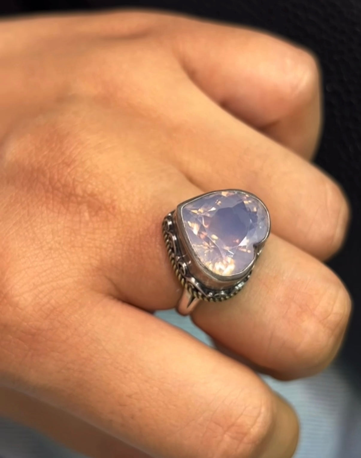 Faceted heart lavender moon Quartz ring (adjustable) 925 sterling silver. Mixed metal.