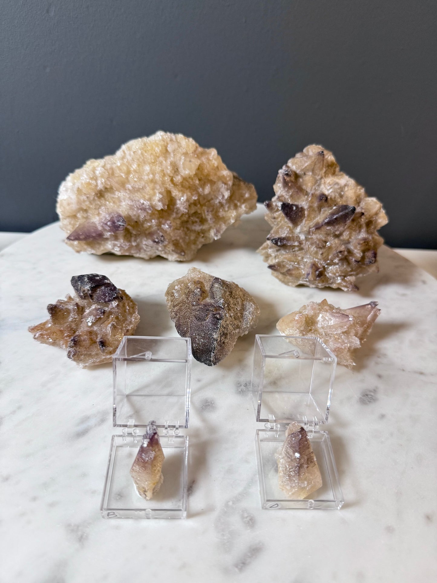 Champagne dogtooth calcite with fluorite and selenite bundle.