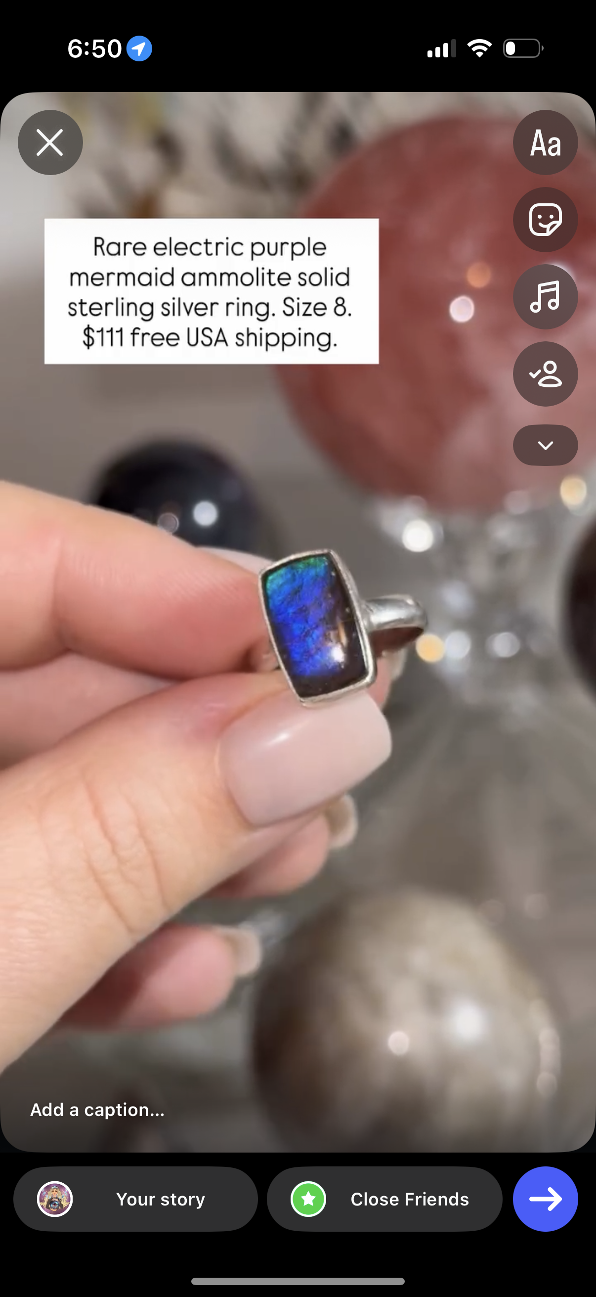 Electric purple ammolite ring
