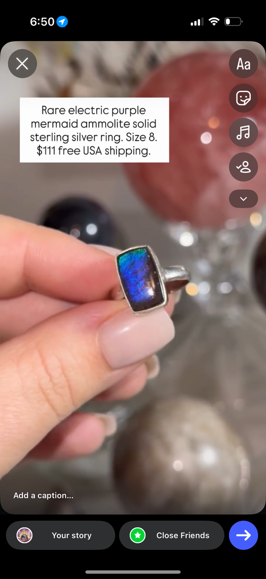 Electric purple ammolite ring