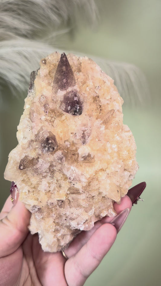 Champagne Dogtooth calcite with yttrium fluorite micro druzy & selenite crystals.