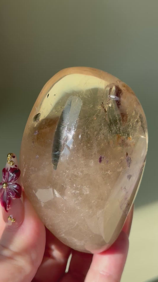 Collectors piece! XL ombre natural citrine palm with super purple Lepidolite & Green Tourmaline.