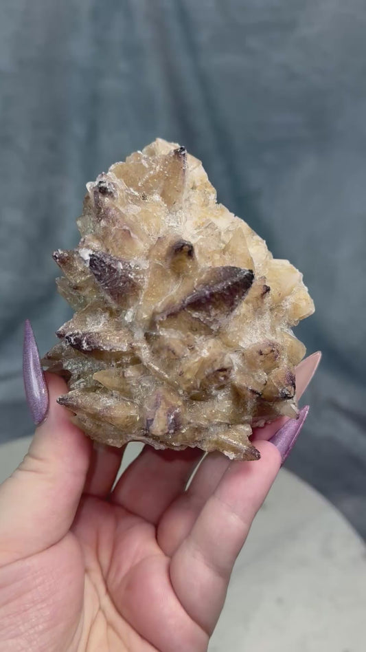 Champagne Dogtooth calcite with yttrium fluorite & selenite crystals.