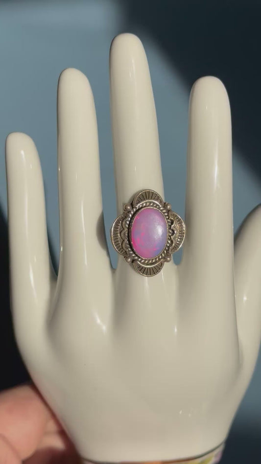 Sterling silver Pink Aurora Opal ring size 8.
