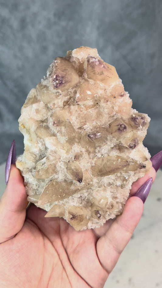 Champagne Dogtooth calcite with yttrium fluorite & selenite crystals.