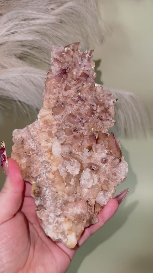 Champagne Dogtooth Calcite with Yttrium Fluorite micro druzy & Selenite crystals.