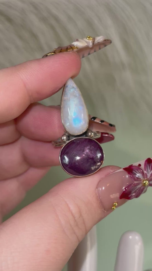 Sterling silver star Ruby with rainbow moonstone ring. Size 9.