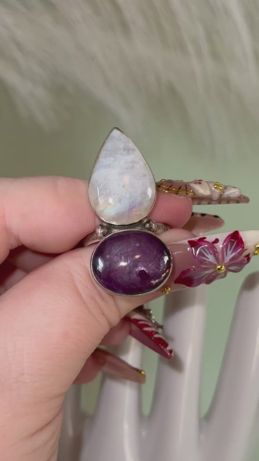 Sterling silver star Ruby with rainbow moonstone ring. Size 10.