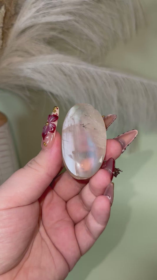 Rare Gem grade Sage moonstone with blue flash palm stone. From Tanzania. (With Dendrites!)