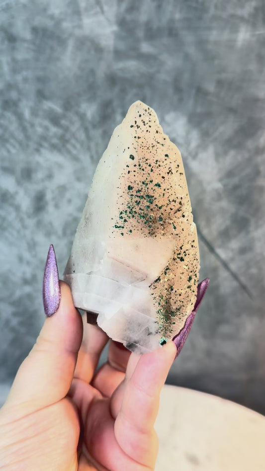 Etched Dogtooth Calcite Malachite Pyrite inclusions.