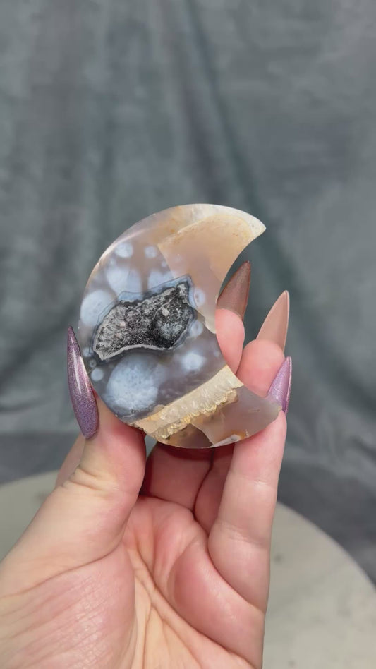 Brazilian Agate moon with rare navy blue druzy.